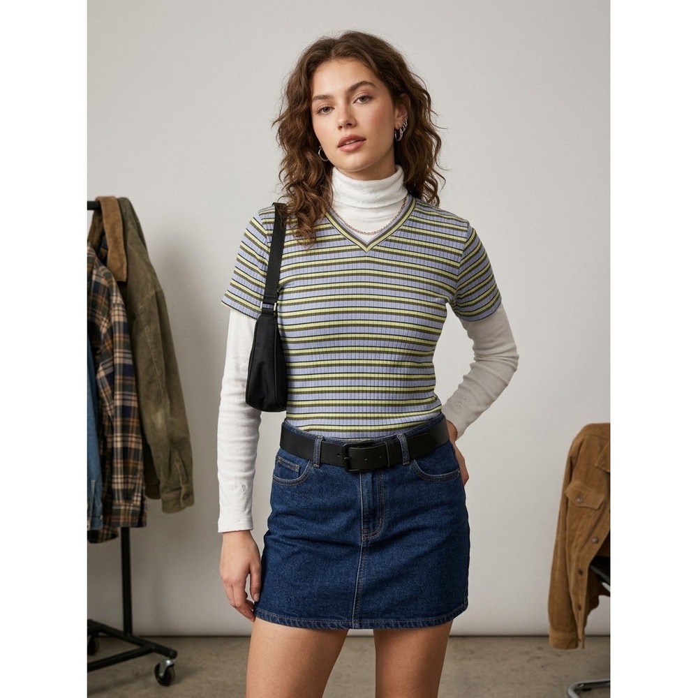 NY & Co Striped V-Neck Top Medium Blue Yellow Y2K Ribbed Short Sleeve Tee